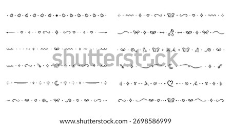 Line divider, cute border hand drawn elements separator. Set geometric doodle frames with bows, hearts, moon. Stars and geometric shapes. Lace horizontal decoration.