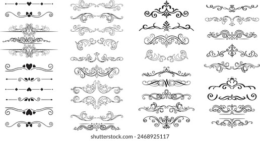 Line dividers. Decorative swirl text separators, vintage divider. Victorian flourishes line calligraphic swirly filigree decoration editable stroke vector set