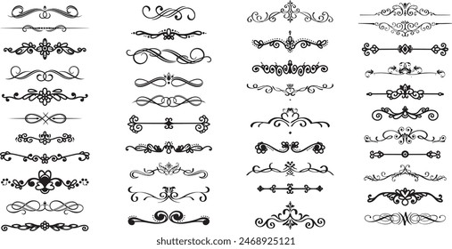 Line dividers. Decorative swirl text separators, vintage divider. Victorian flourishes line calligraphic swirly filigree decoration editable stroke vector set