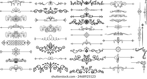 Line dividers. Decorative swirl text separators, vintage divider. Victorian flourishes line calligraphic swirly filigree decoration editable stroke vector set