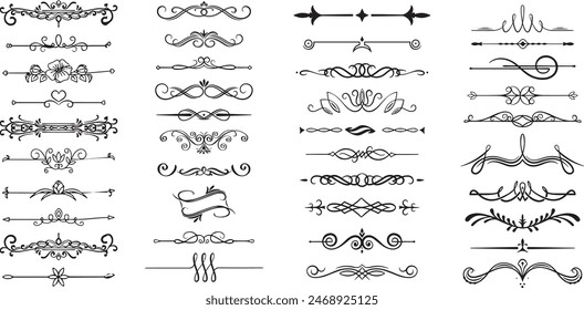 Line dividers. Decorative swirl text separators, vintage divider. Victorian flourishes line calligraphic swirly filigree decoration editable stroke vector set