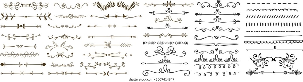 Divisores de línea. Separadores de texto de remolino decorativos, divisor vintage. Flores victorianas línea caligráfica swirly filigrana decoración editable golpe Vector conjunto