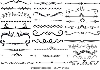 Divisores de linha. Separadores de texto decorativos em espiral, divisor vintage. Vitoriano floresce linha caligráfica espiral filigrana decoração editável conjunto de vetores de traço