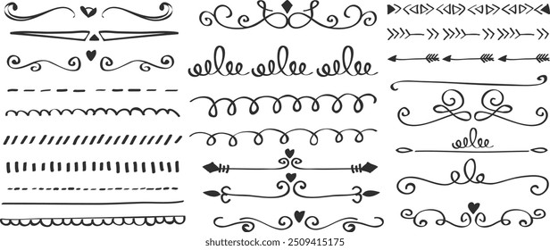 Line dividers. Decorative swirl text separators, vintage divider. Victorian flourishes line calligraphic swirly filigree decoration editable stroke vector set