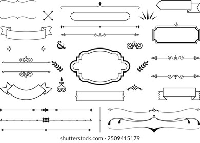 Divisores de línea. Separadores de texto de remolino decorativos, divisor vintage. Flores victorianas línea caligráfica swirly filigrana decoración editable golpe Vector conjunto