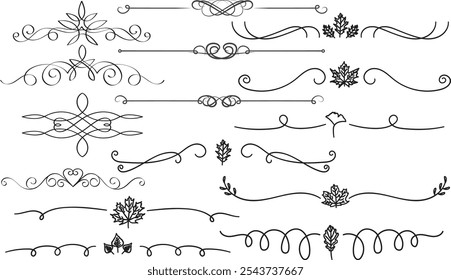 Divisores de línea. Separadores de texto de remolino decorativos, divisor vintage. Flores victorianas línea caligráfica swirly filigrana decoración editable golpe Vector conjunto