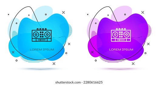 Control remoto Line DJ para reproducir y mezclar iconos de música aislados en fondo blanco. Mezclador DJ con reproductor de vinilo y mando a distancia. Pancarta abstracta con formas líquidas. Vector