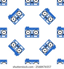 Line DJ remote for playing and mixing music icon isolated seamless pattern on white background. DJ mixer complete with vinyl player and remote control. Colorful outline concept. Vector