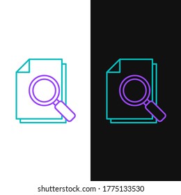Line Document with search icon isolated on white and black background. File and magnifying glass icon. Analytics research sign. Colorful outline concept. Vector