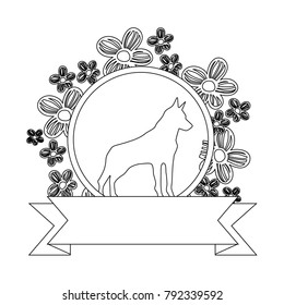 line dog animal inside circle rustic flowers design