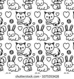 line dog and cat with rabbit animals background