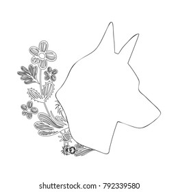 line dog head with rustic flowers and leaves