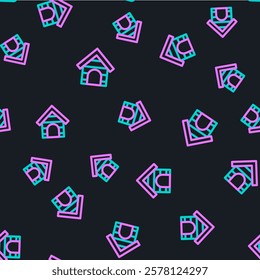 Line Dog house icon isolated seamless pattern on black background. Dog kennel.  Vector