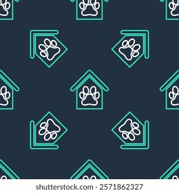 Line Dog house and paw print pet icon isolated seamless pattern on black background. Dog kennel.  Vector