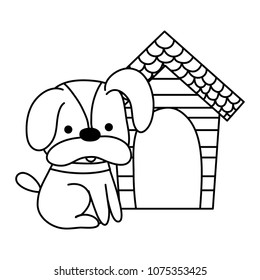 line dog pet animal with wood house