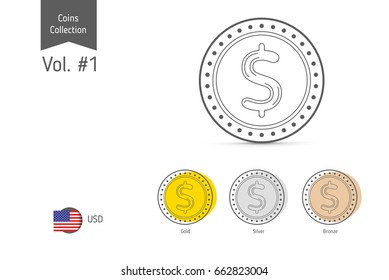 Line Dollar coin vector. Isolated on white background. Simple thin line icon for websites, web design, mobile app, infographics.
