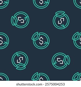 Line Dollar rate decrease icon isolated seamless pattern on black background. Cost reduction. Money symbol with down arrow. Business lost crisis decrease.  Vector