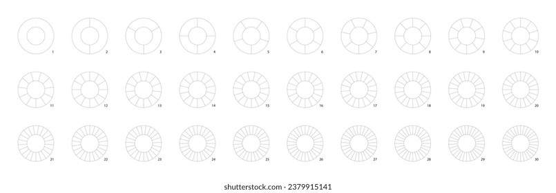 Line donut chart. Circle pie graph for analyzing of ring parts. Crossing lines divide wheel into a number of sectors and segments. Slices are percentage pieces of doughnut