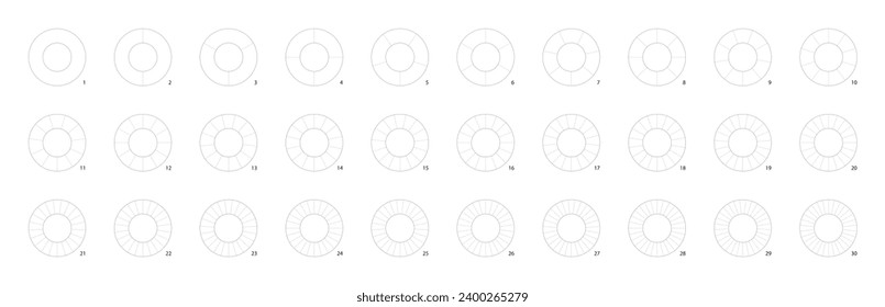 Gráfica de líneas. Gráfico circular para el análisis de las partes de anillo. Las líneas de cruce dividen la rueda en varios sectores y segmentos. Las rebanadas son partes porcentuales de rosquilla