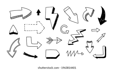Line doodle arrows. Monochrome hand drawn arrow sketch signs, black and white curvy cartoon shapes. Vector isolated set