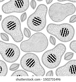 Line doodle art avocado seamless pattern. Hand drawn. Can be used for wallpaper, pattern fills, coloring books and pages for kids and adults. Black and white.