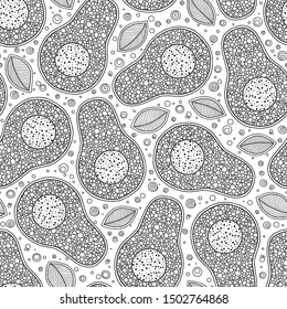 Line doodle art avocado seamless pattern. Hand drawn. Can be used for wallpaper, pattern fills, coloring books and pages for kids and adults. Black and white.