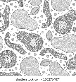 Line doodle art avocado seamless pattern. Black and white graphics linear. Hand drawing. Zentangle style. Good for textile printing and adult coloring books.  