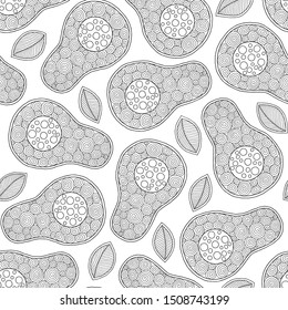 Line doodle art avocado seamless pattern. Hand drawn. Can be used for wallpaper, pattern fills, coloring books and pages for kids and adults. Black and white.
