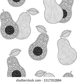 Line doodle art avocado seamless pattern. Hand drawn. Can be used for wallpaper, pattern fills, coloring books and pages for kids and adults. Black and white.