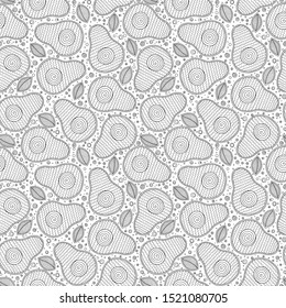 Line doodle art avocado seamless pattern. Hand drawn. Can be used for wallpaper, pattern fills, coloring books and pages for kids and adults. Black and white.