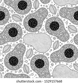 Line doodle art avocado seamless pattern. Hand drawn. Can be used for wallpaper, pattern fills, coloring books and pages for kids and adults. Black and white.