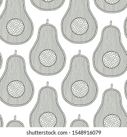 Line doodle art avocado seamless pattern. Black and white graphics linear. Hand drawing. Zentangle style. Good for textile printing and adult coloring books.  