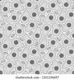 Line doodle art avocado seamless pattern. Black and white graphics linear. Hand drawing. Zentangle style. Good for textile printing and adult coloring books.  