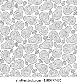 Line doodle art avocado seamless pattern. Hand drawn. Can be used for wallpaper, pattern fills, coloring books and pages for kids and adults. Black and white.