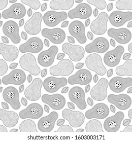 Line doodle art avocado seamless pattern. Hand drawn. Can be used for wallpaper, pattern fills, coloring books and pages for kids and adults. Black and white.