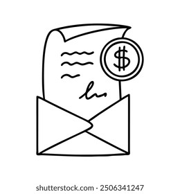 Line doodle bill letter icon. Financial paper, invoice, receipt, tax form, bank loan document in the mail envelope. Email payment notification. Dollar sign and signature