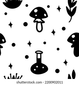 Line doodle black magic seamless pattern with mushroom and magic potion isolated on white background