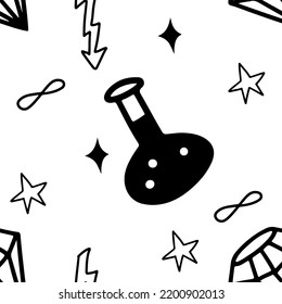 Line doodle black magic seamless pattern with magic potion isolated on white background