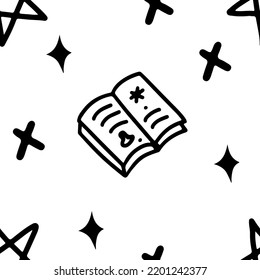 Line Doodle Black Magic Seamless Pattern With Magic Spell Book Isolated On White Background