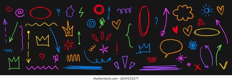 Line doodle comic emoji vector set. Smiles. box, crown, decorative set crayon chalk textured illustrations for kid goods, education, 