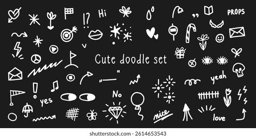 Line doodle comic emoji vector set. Smiles. box, crown, decorative set crayon chalk textured illustrations for kid goods, education