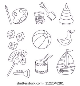 Line doodle cute childish toys icons vector set