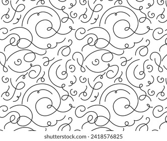 Line doodle flourish swirls seamless pattern. Black line calligraphic vintage swirl background.