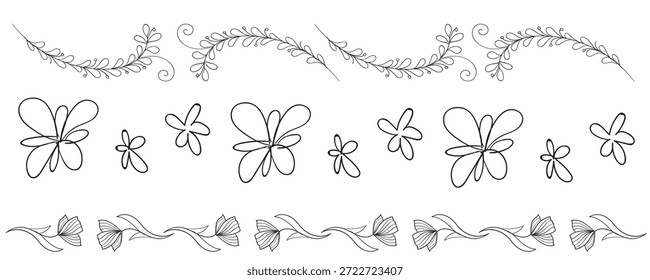 Line doodle flower seamless pattern. Simple hand drawn floral sketch, stroke flower borders, botanical draw illustration