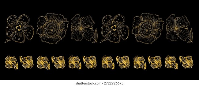Line doodle flower seamless pattern. Simple hand drawn floral sketch, stroke flower borders, botanical draw illustration