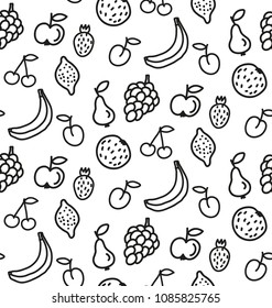 Line doodle fruits banana apple cherry pear grape seamless vector pattern