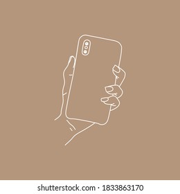 Line doodle hand with cellphone back view illustration
