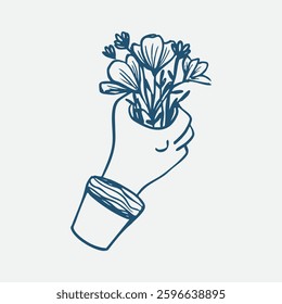 line doodle hand holding spring flowers vector illustration
