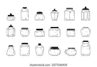 Line doodle jars. Cute empty glass food containers with lids for homemade preserves jam pickled vegetables sweet food. Vector outline jar set.