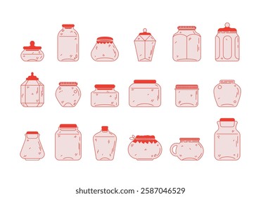 Line doodle jars. Cute empty glass food containers with lids for homemade jam, pickled vegetables, sweet food. Vector set of minimalistic jars in red color in flat style, fill and outline. Cans icons.